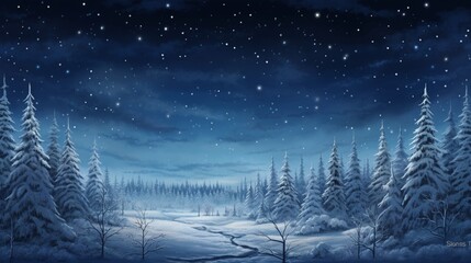Fototapeta na wymiar A frost-kissed landscape under a moonlit sky, where the silhouettes of trees stand tall, adorned with tiny lights creating a magical winter wonderland,A Journey into Winter's Pristine Embrace.