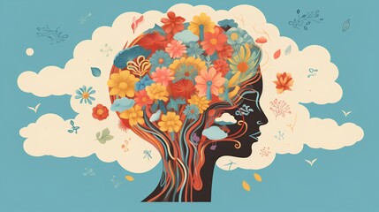 An artistic representation of a womans silhouette with vibrant floral and botanical abstract elements symbolizing thoughts and mental wellbeing inside her head, against a neutral background.