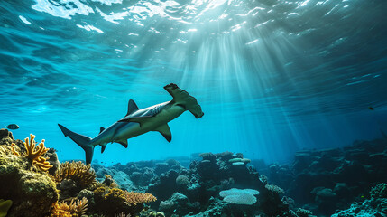 A hammerhead shark swimming over a coral reef in the blue sea - obrazy, fototapety, plakaty