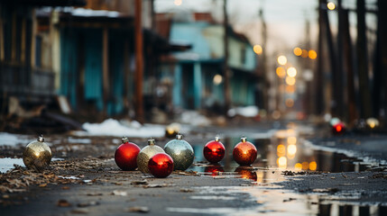 Christmas toys spilled on the wet asphalt