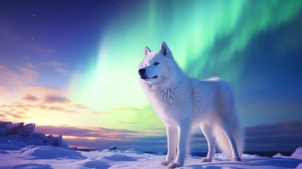 An arctic wolf standing in the snow, the norther lights (aurora borealis) on the sky - Powered by Adobe