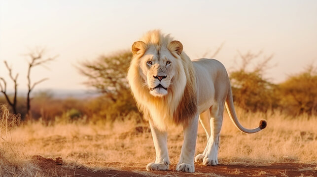 A white lion standing in the african savanna