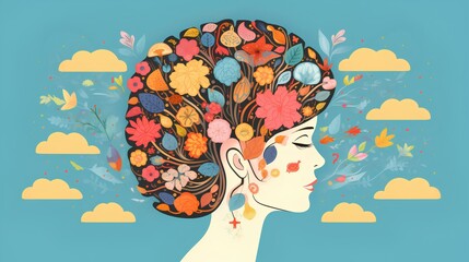 An artistic representation of a womans silhouette with vibrant floral and botanical abstract elements symbolizing thoughts and mental wellbeing inside her head, against a neutral background.