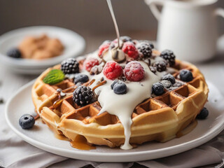 baked waffle with topping on white ceramic plate