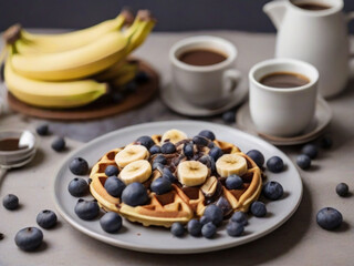 Banana and blueberries waffles with coffee espresso