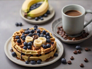 Banana and blueberries waffles with coffee espresso