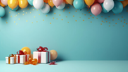 Obraz na płótnie Canvas Festive birthday setup with balloons and gifts on a solid color backdrop