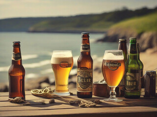 Beer and lager bottles and glasses on a table on the coast in summer time