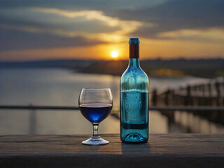 blue glass bottle near wine glass during sun set