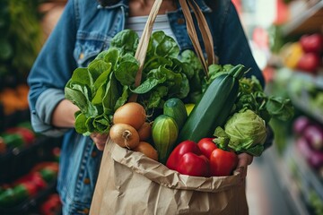 woman carries paper grocery bag full of vegetables