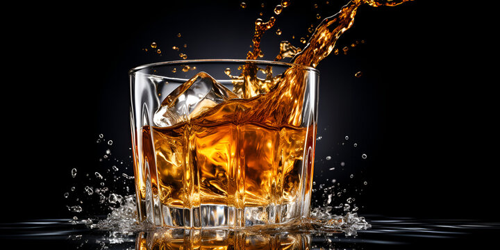 Whiskey on the rocks black background, Whiskey with splash on black background, brandy in a glass, Drink water with lemon soda spills when ice is thrown with drops, generative AI


