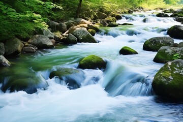 Obraz premium Mountain stream in the forest. Beautiful nature scene with fast flowing water.