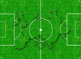 soccer pitch with a map of Europe in relief