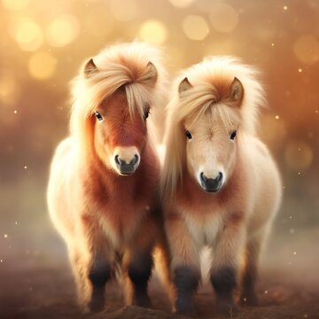 Two Small Fluffy Brown And White Pony Horses On Muddy Ground, Blurred Yellow Field Background