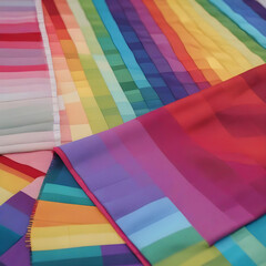 A set of fabrics for quilting in rainbow colors, laid out on a cutting mat, space for text
