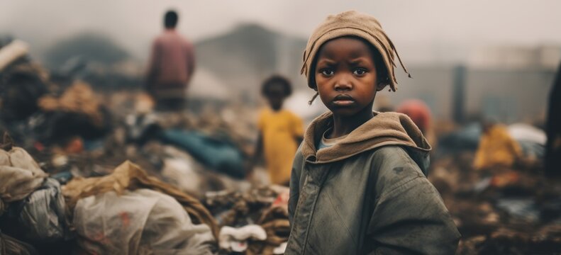 Compelling image portraying the daily struggles of homeless African children in a landfill