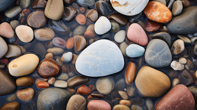 The backdrop exhibits a textured appearance with the polished surface of river rocks