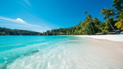 Fototapeta na wymiar awe inspiring tropical beach with golden sunlight, soft sand, and crystal clear ocean water