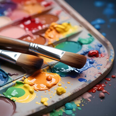 Obraz premium Dirty palette with artist paint brushes on a colored background