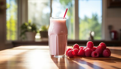 Refreshing raspberry milkshake in clear glass on pristine white kitchen counter with sunlight