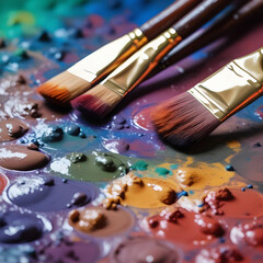 Fototapeta premium Dirty palette with artist paint brushes on a colored background