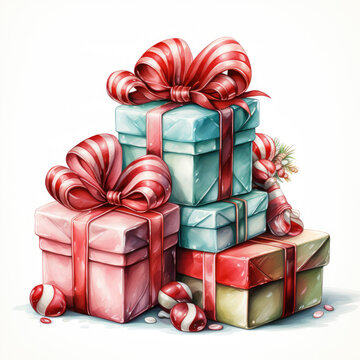 watercolor Christmas Candy Gift clipart, Generative Ai