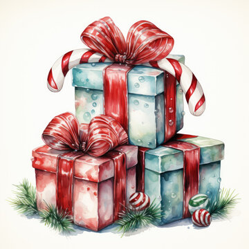 watercolor Christmas Candy Gift clipart, Generative Ai