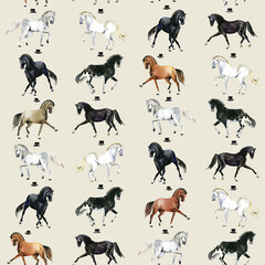 Watercolor hand painting horses pattern. Hand drawing background. Set of silhouette horses in motion rearing horse, running horse illustration. - 696837226