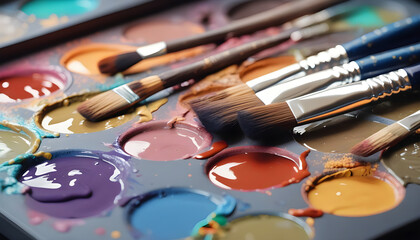 Dirty palette with artist paint brushes on a colored background