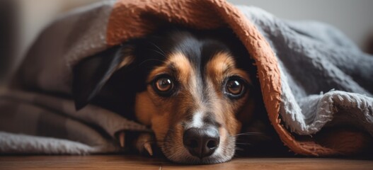 A freezing dog cuddles under a blanket near a radiator, creating a cozy atmosphere - Powered by Adobe
