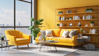 Modern living room interior with vibrant yellow tones and captivating wall art display