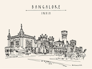 Bangalore vector postcard. Bangalore (Bengaluru), Karnataka, India. Beautiful Bangalore palace. Travel sketch. Vintage hand drawn postcard template. Vector illustration