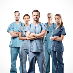 group of medical workers standing on white background