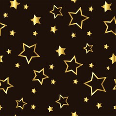 Gold flying stars, trendy seamless pattern. Festive decor, gold sparkles confetti on a black background. for print, postcard, paper, banner. vector illustration.