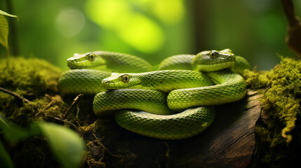 Fototapeta premium Green snakes on the branch, AI Generative.