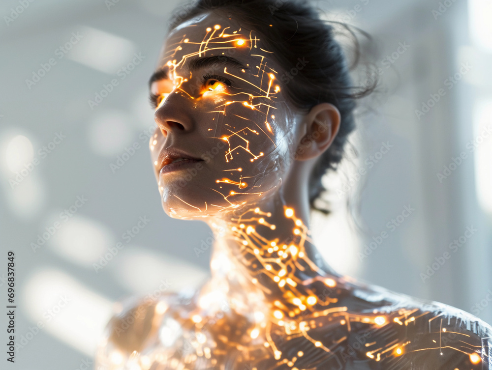 Poster artificial intelligence themed portrait, person with glowing circuit patterns on skin, stark white l