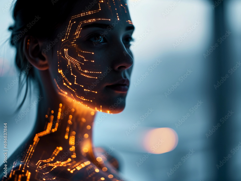 Poster artificial intelligence themed portrait, person with glowing circuit patterns on skin, stark white l