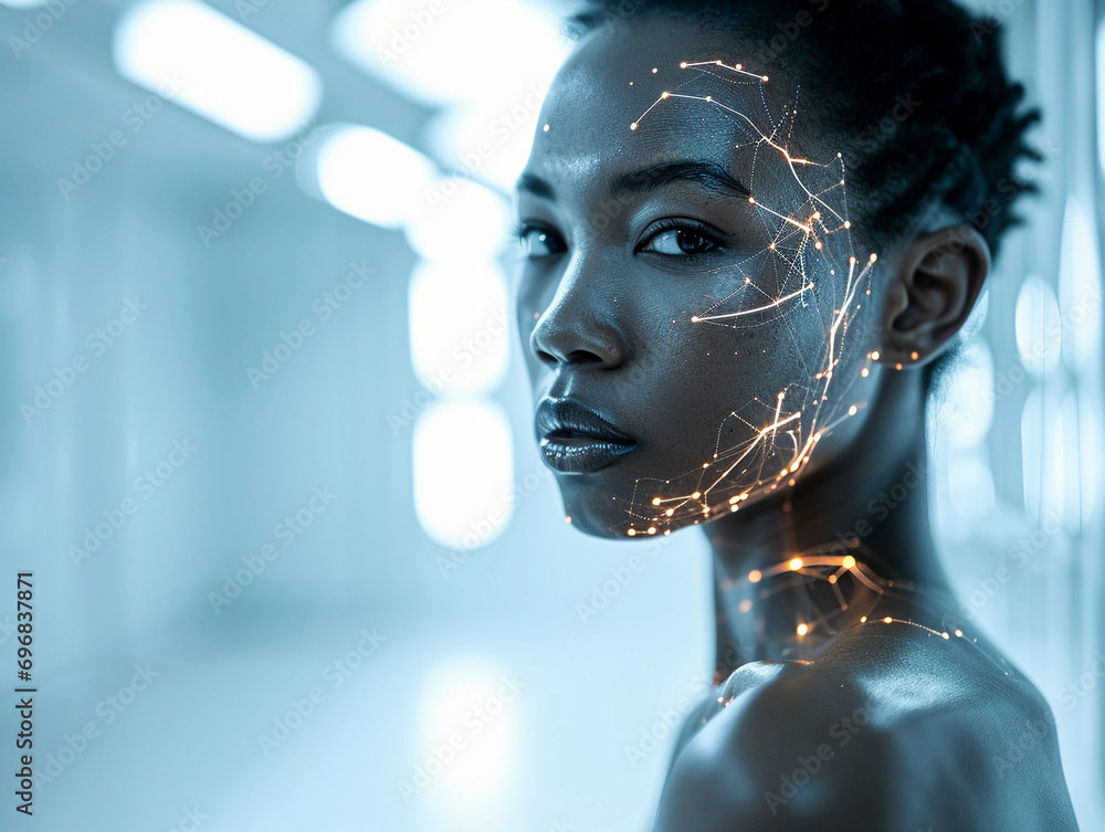 Poster artificial intelligence themed portrait, person with glowing circuit patterns on skin, stark white l