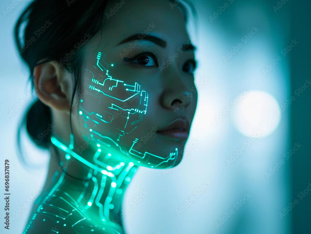 Poster artificial intelligence themed portrait, person with glowing circuit patterns on skin, stark white l
