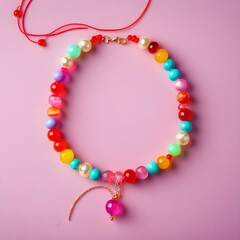 Fototapeta premium Kids handmade beaded jewelry. Necklaces and bracelets made from multicolored beads and pearls. DIY bracelet beads. Children's needlework. Creativity and hobby. Art activity for kids