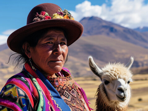 Andean woman in Bolivia wearing a bowler hat and vibrant aguayo textile, Llama by her side