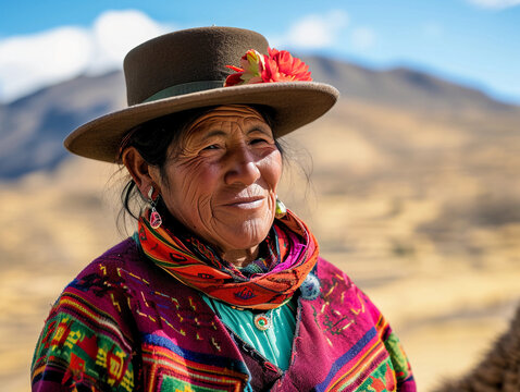 Andean woman in Bolivia wearing a bowler hat and vibrant aguayo textile, Llama by her side