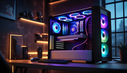 Modern style gaming pc with water cooling and lights.
