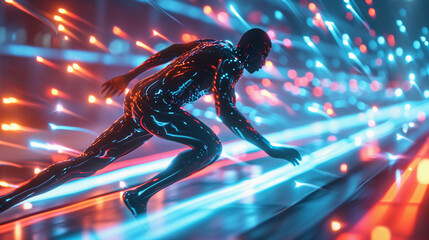 athletic portrait, high-performance attire with reactive light elements, kinetic energy visualizations