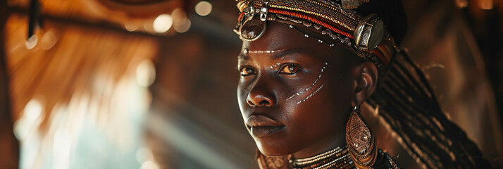 Majestic tribal queen portrait, elaborate headdress and jewelry, powerful presence