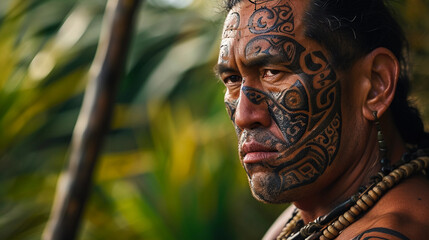 Maori man with traditional ta moko facial tattoos, powerful gaze, native New Zealand bush setting
