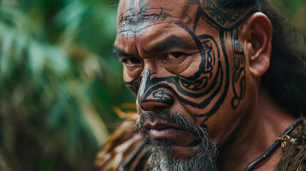 Maori man with traditional ta moko facial tattoos, powerful gaze, native New Zealand bush setting