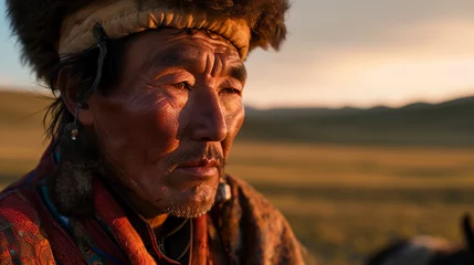 Fotobehang Mongolian nomad with traditional deel clothing, horseback in the steppe, rugged facial features © Marco Attano