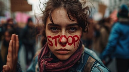 Woman activist with written word on face Stop protesting against social issues - obrazy, fototapety, plakaty