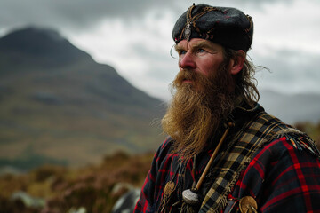 Portrait of a Scottish man in Highland dress, tartan kilt, sporran, and ghillie shirt, dramatic highland scenery - obrazy, fototapety, plakaty